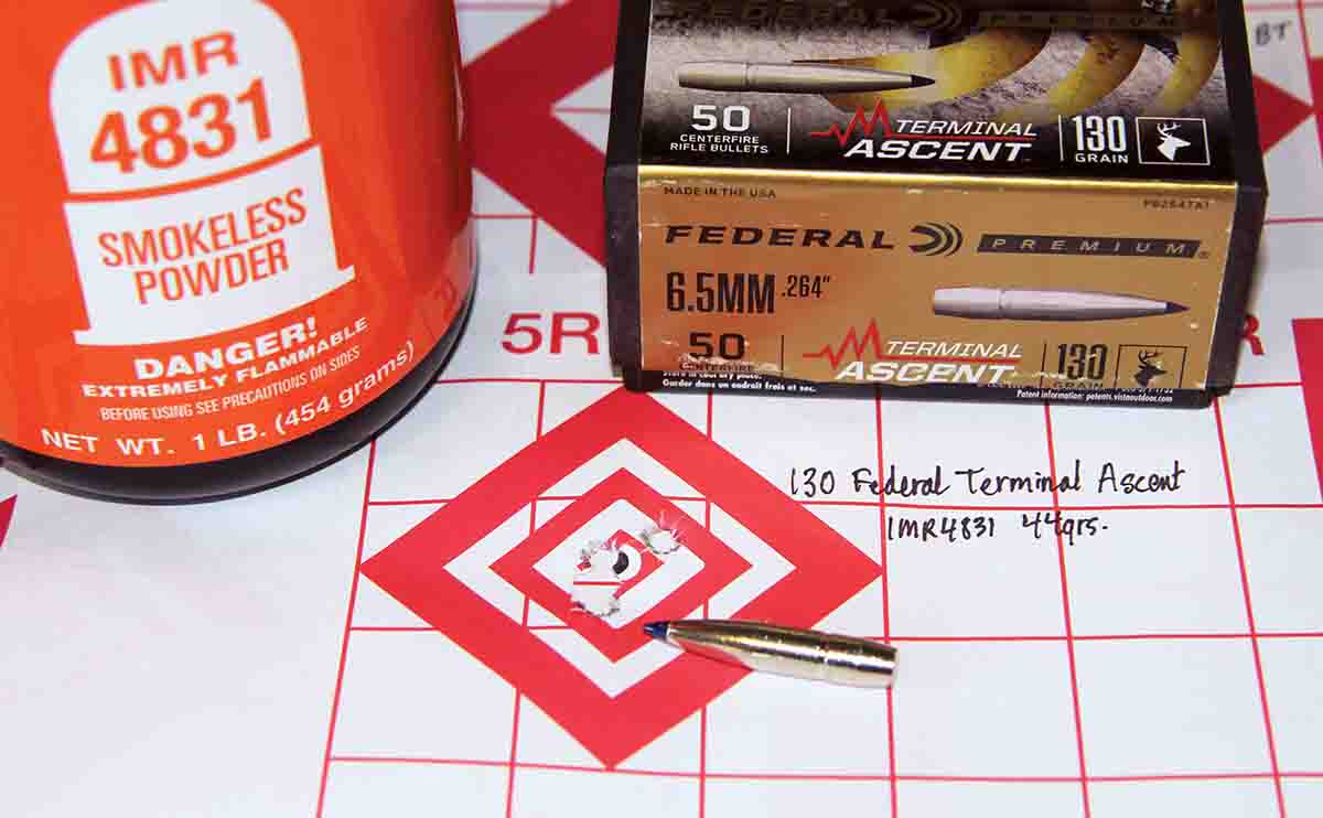 This .58-inch group resulted from a combination of 44 grains of IMR-4831 and 130-grain Federal Premium Terminal Ascent bullets. The load clocked at 2,636 fps.